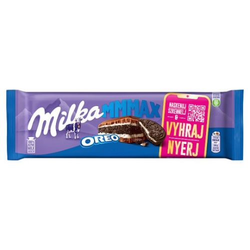 Milka Mmmax Oreo alpesi tejcsokoládé vanília ízű tejes krémtöltelékkel és kakaós keksszel 300 g