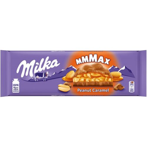 Milka Mmmax földimogyorós-karamellás alpesi tejcsokoládé földimogyoró darabokkal és rizzsel 276 g